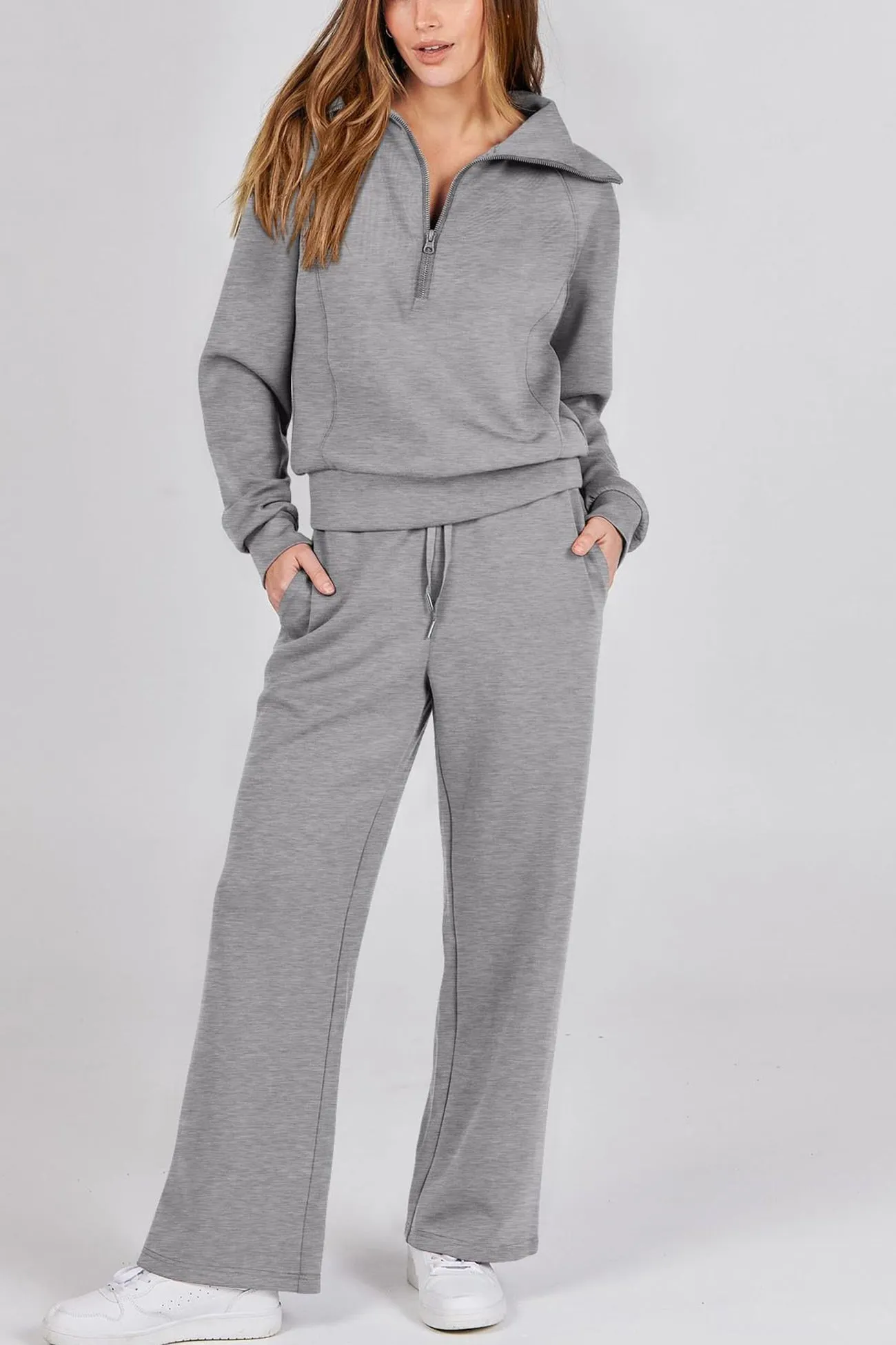 Maxct Lapel Zip-up Sweatshirt Wide Leg Long Pants Set