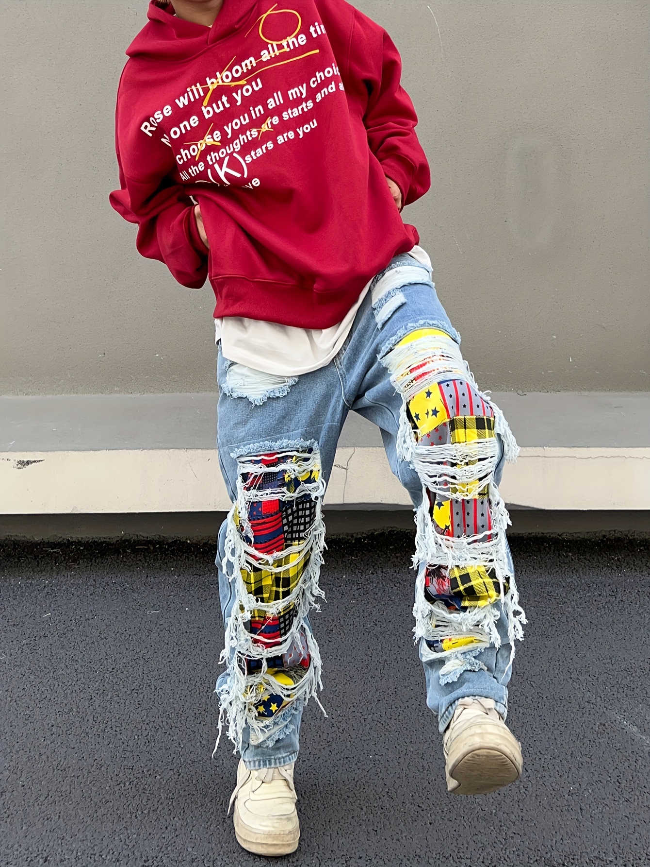 Loose Fit Patchwork Jeans, Men's Casual Street Style Wide Leg Pants With Creative Tassels