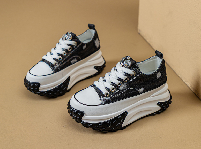 Blinged Out: 6cm Denim Leather Chunky Platform Sneakers - true deals club
