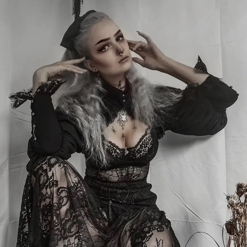 Women's Gothic Tops Short Blouse Women Featured Lace Wrap Design Dark Court Style High Neck Crop Top