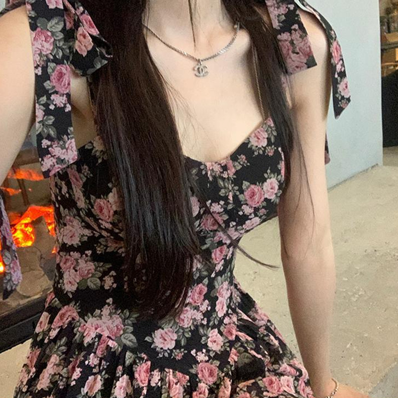 Maxct Women Sleeveless Dresses Floral Above Knee Sweet Hot Trendy Slim Sexy Ruffles Kawaii Elegant Temperament Mujer Retro Bow Teens