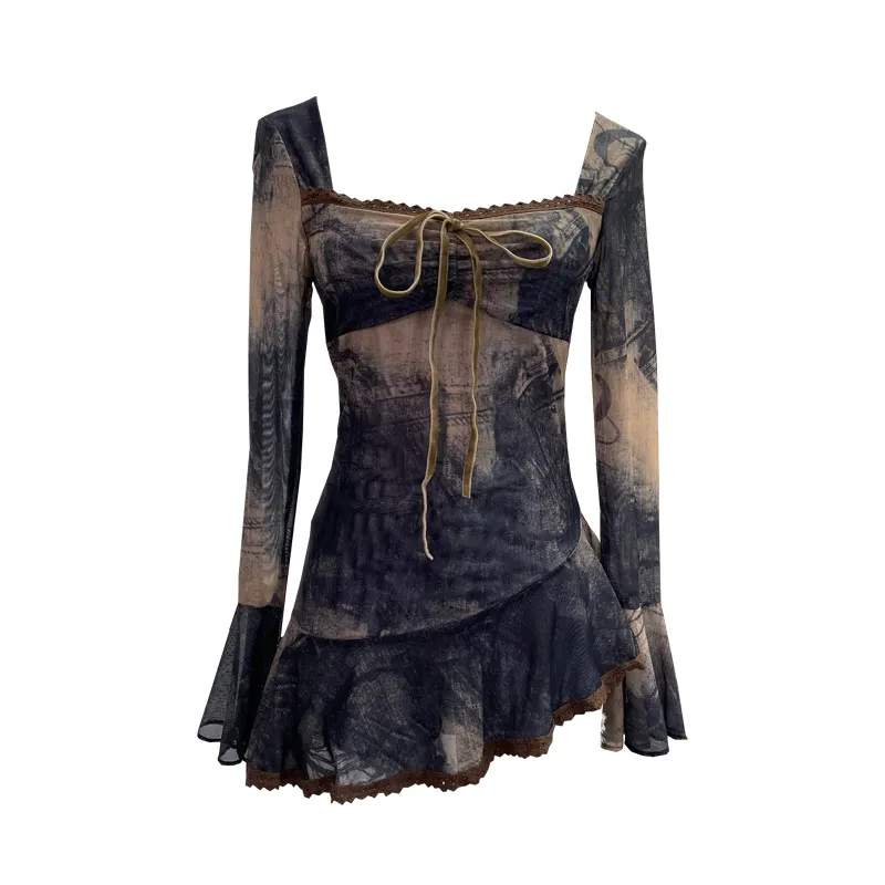 Maxct Spring and Summer New French Square Collar Lace-up Blooming Flared Long-Sleeved Top Lace Edge Design T-shirt 9980