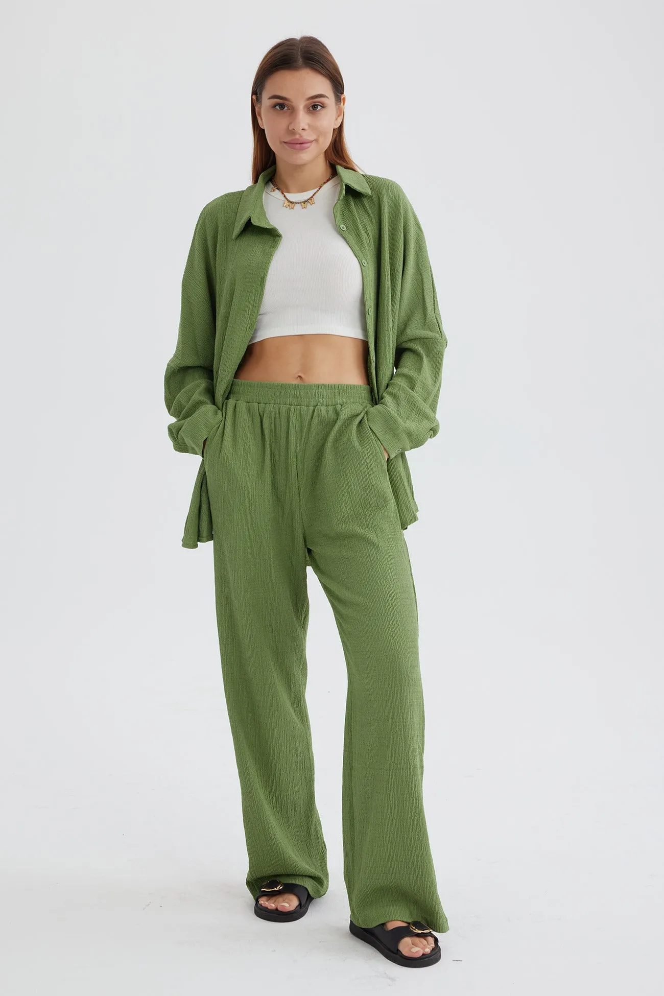 Maxct Two Piece Solid Color Long Sleeve Shirt Long Pants Set