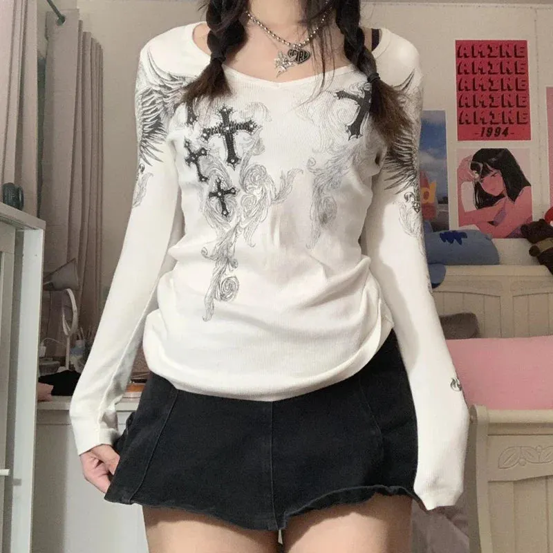 Maxct Vintage Graphic Print Patchwork Long Sleeve Tees Harajuku Fake Two-Piece T-Shirts Korean Gothic Grunge Loose Tops Streetwear