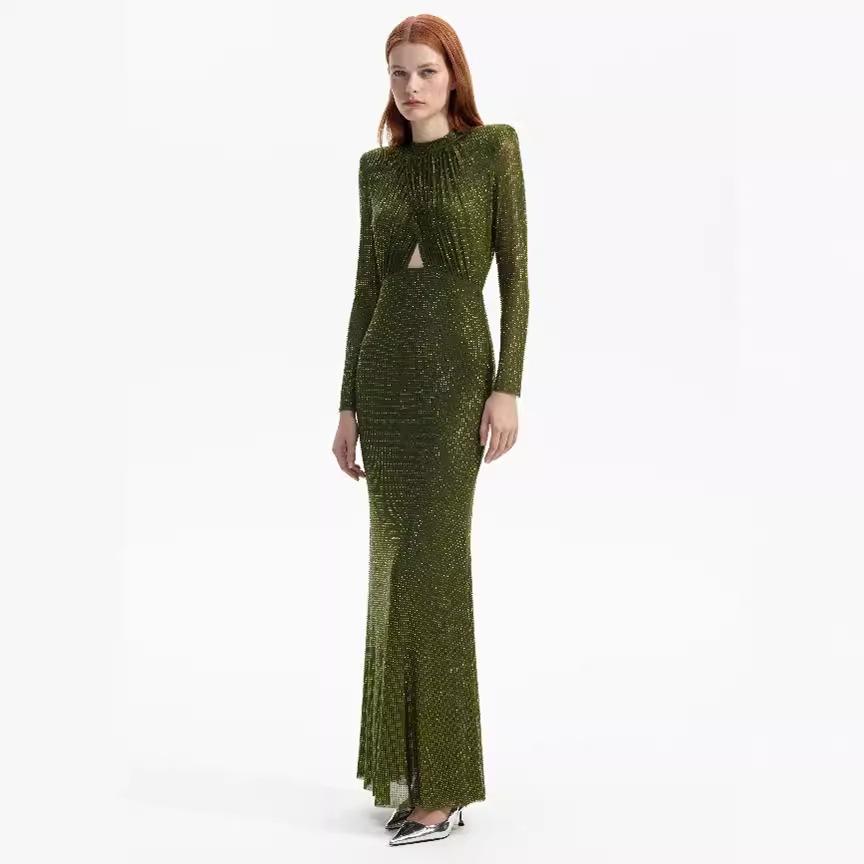 Maxct New Heavy Industry Hot Drilling Dress Women's Folded Bag Hip Long Skirt Long High-end Spring And Summer