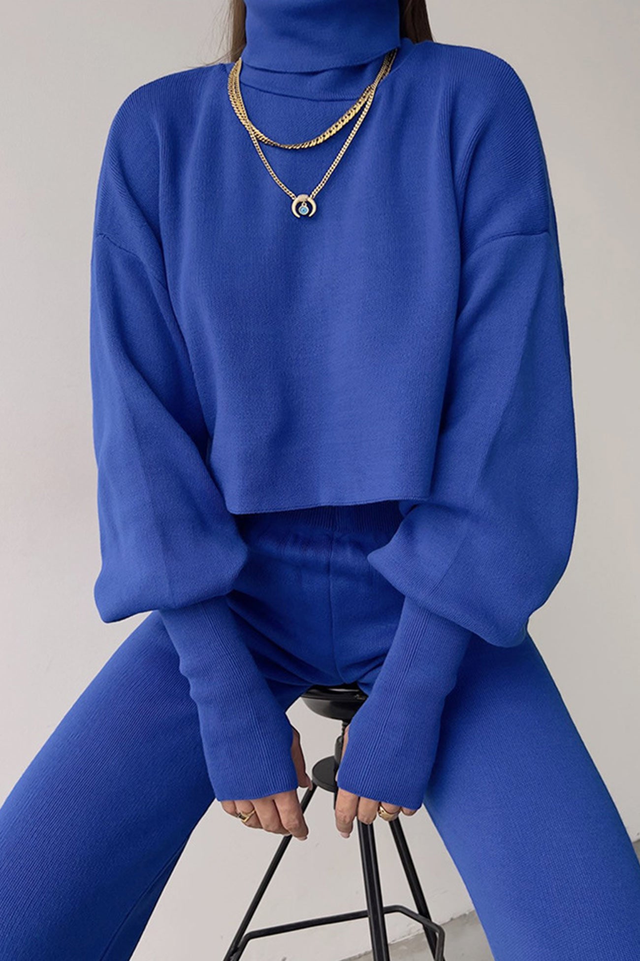 Maxct Solid High Neck Crop Top Long Pants Set