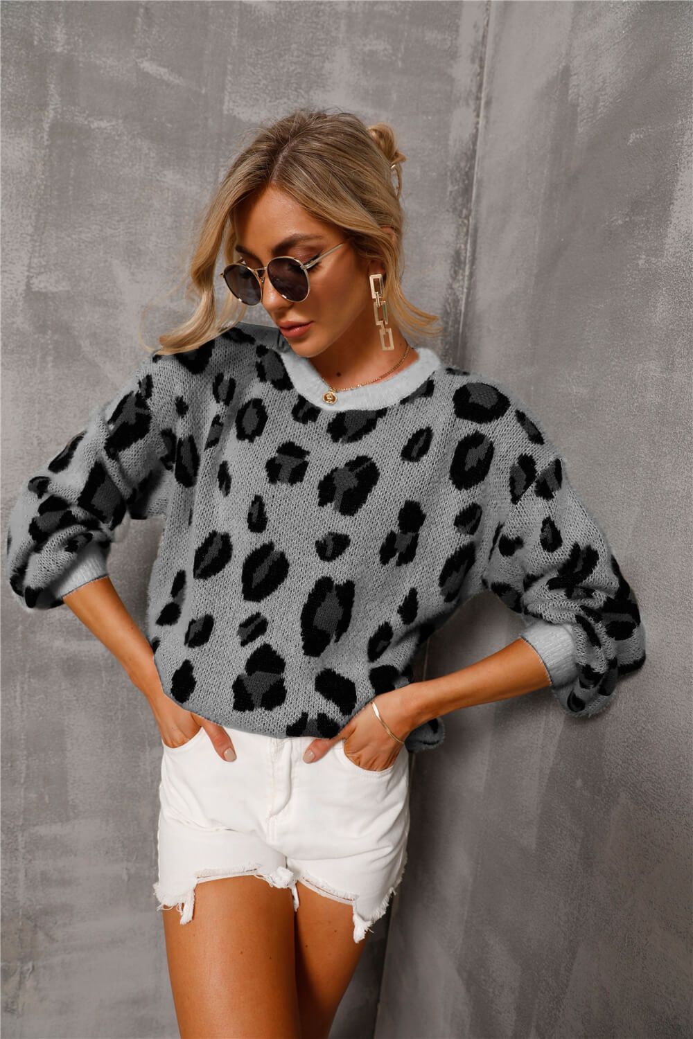 Maxct &Animal Print Dropped Shoulder Knit Pullover