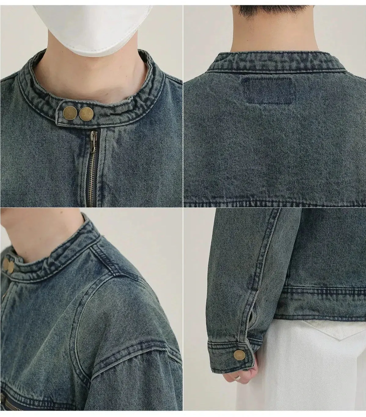 Maxct Zip Washed Stand Collar Denim Jacket