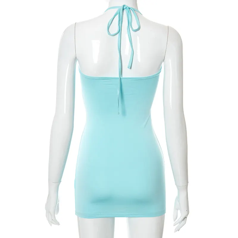 Halter Sexy Lace Up Mini Dress Party Club Outfit Cut Out Metal Ring Ties Bodycon Dresses Summer Chic Harajuku Clothes