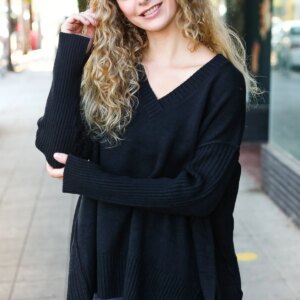 Maxct &Casual Chic Black Oversized V Neck Rib Knit Sweater