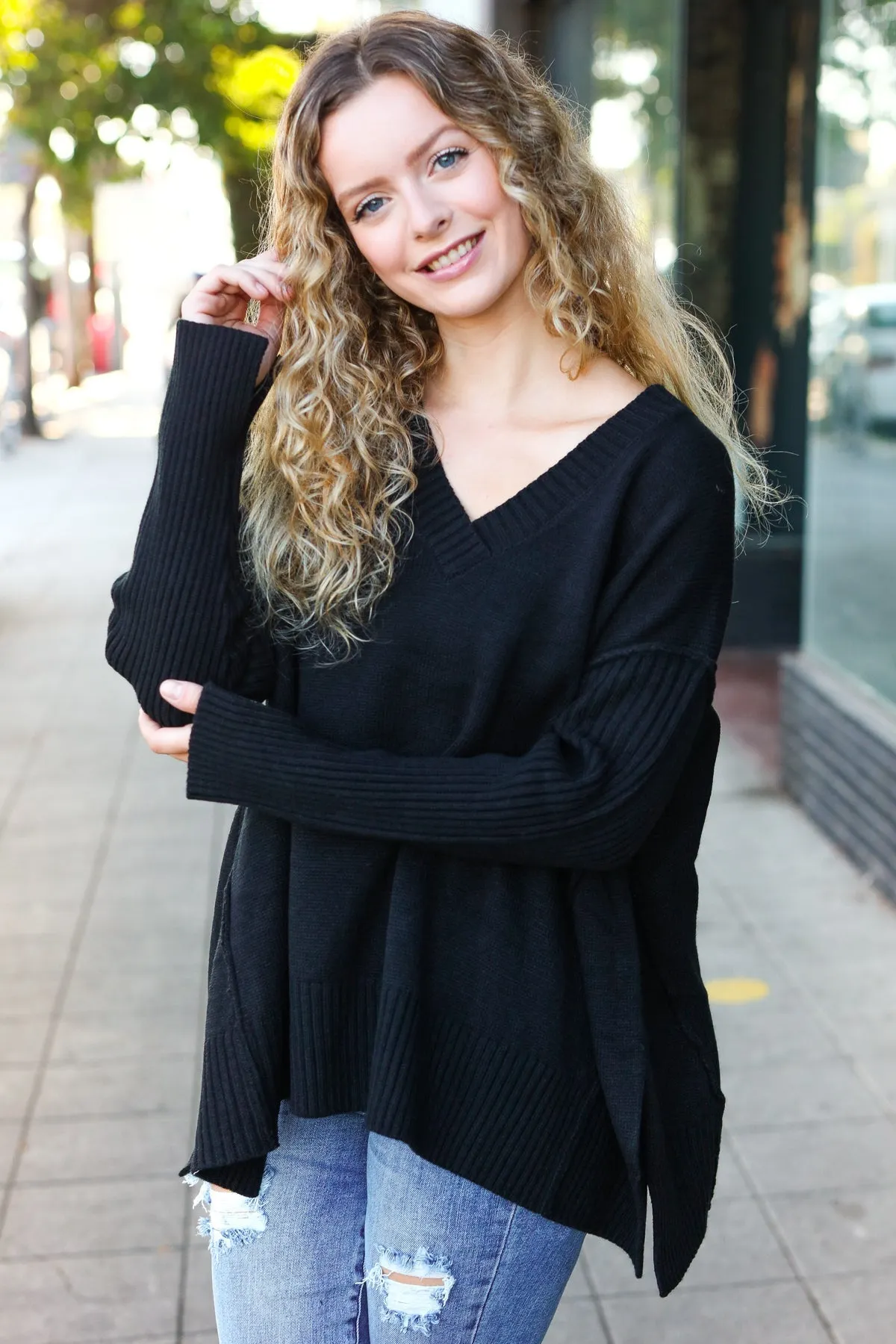 Maxct &Casual Chic Black Oversized V Neck Rib Knit Sweater