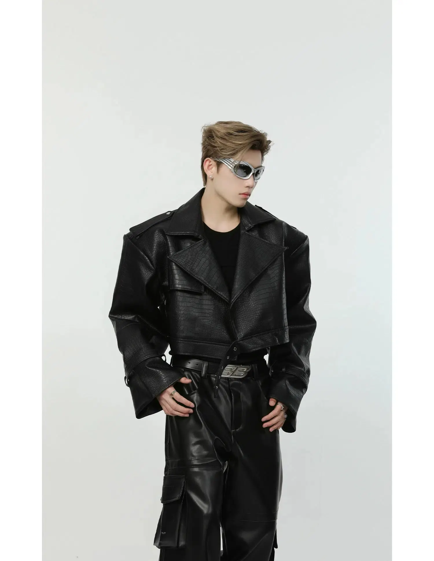 Maxct Short Crocodile Print Leather Jacket