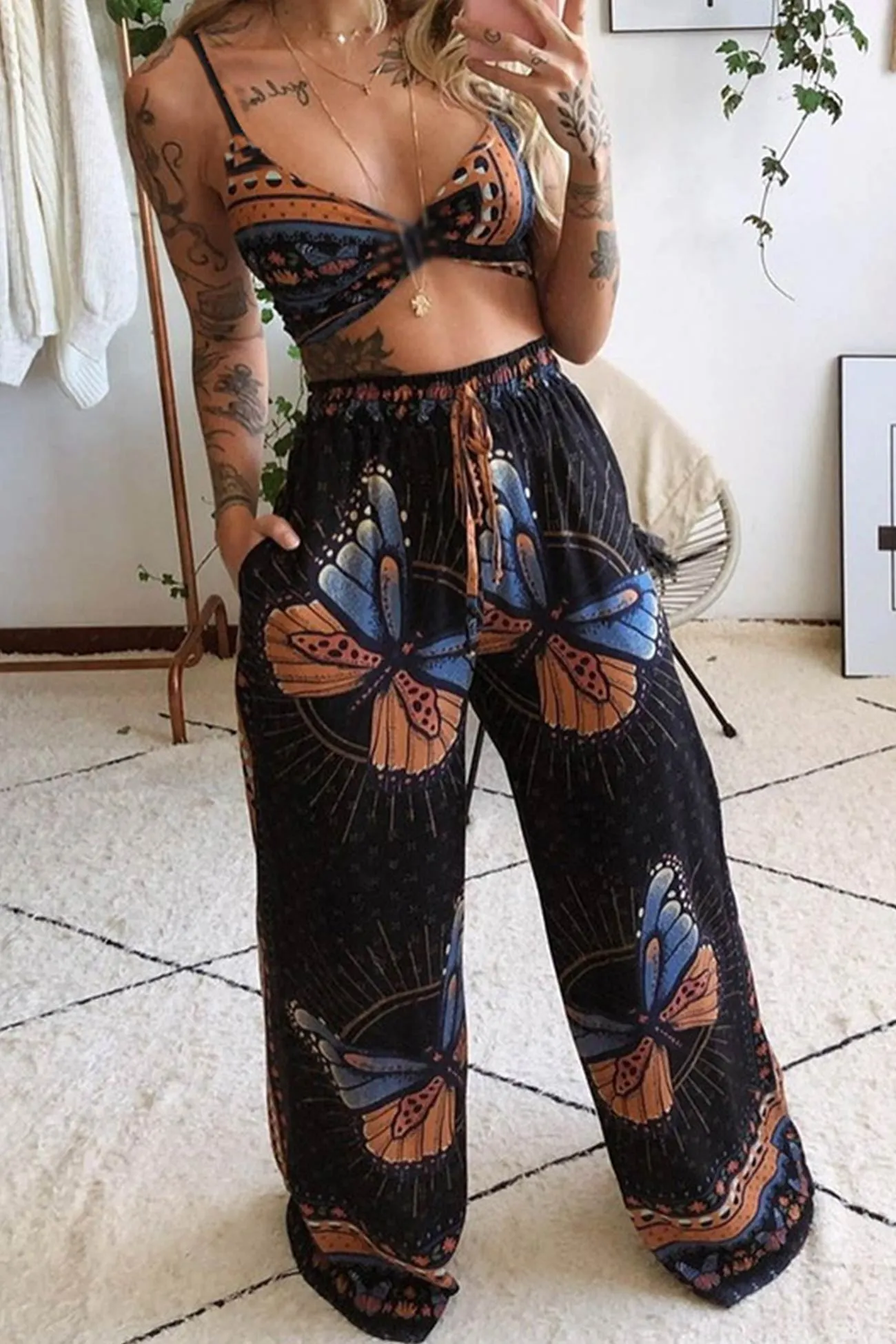 Maxct Butterfly Print Twisted Crop Top & Wide Leg Pants Set