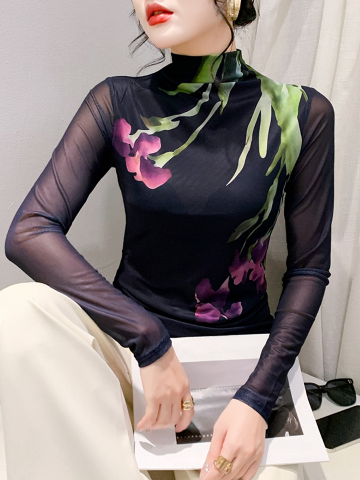 Maxct Printed Positioning Flower Double-Layer Mesh T-shirt Women Stretch Slim Full Sleeve Tees Tops HF8772