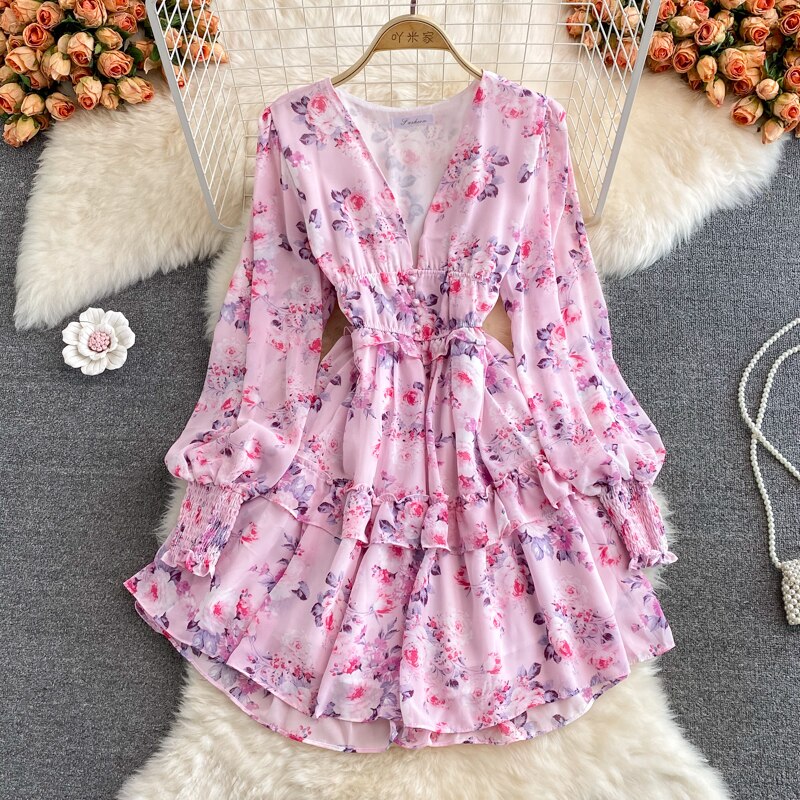 Women's Green/Purple/Beige Floral Chiffon Dress Bohemian V-Neck Lantern Long Sleeve High Waist Ruffle Vestidos Female New