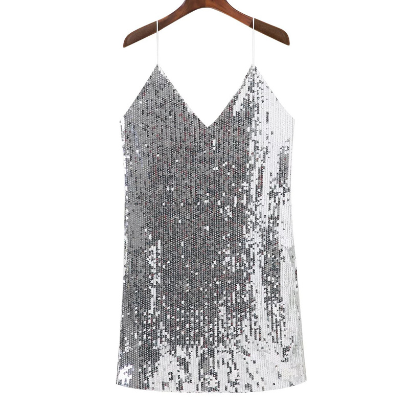 Maxct V Neck Autumn Silver Sequined Backless Sexy Dress Women Off Shoulder Mini Dress Christmas Party Club Strap Dresses Vestidos