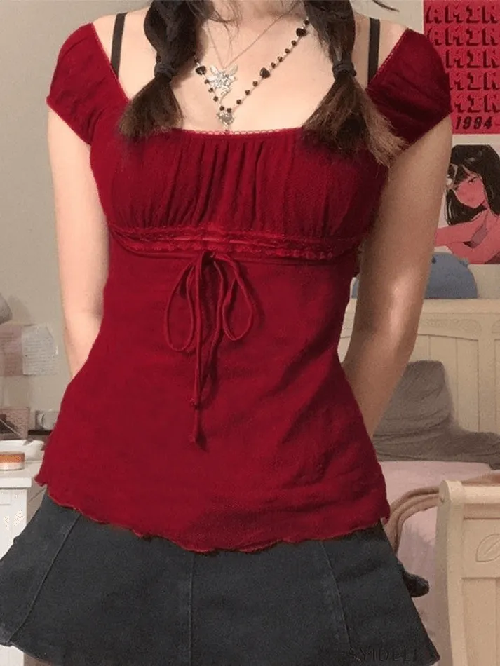 Maxct Vintage Tie Front Lace Trim Blouse