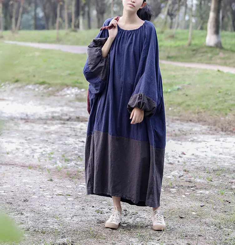 Casual Puff Sleeves Drawstring Color Block Cotton Linen Dresses
