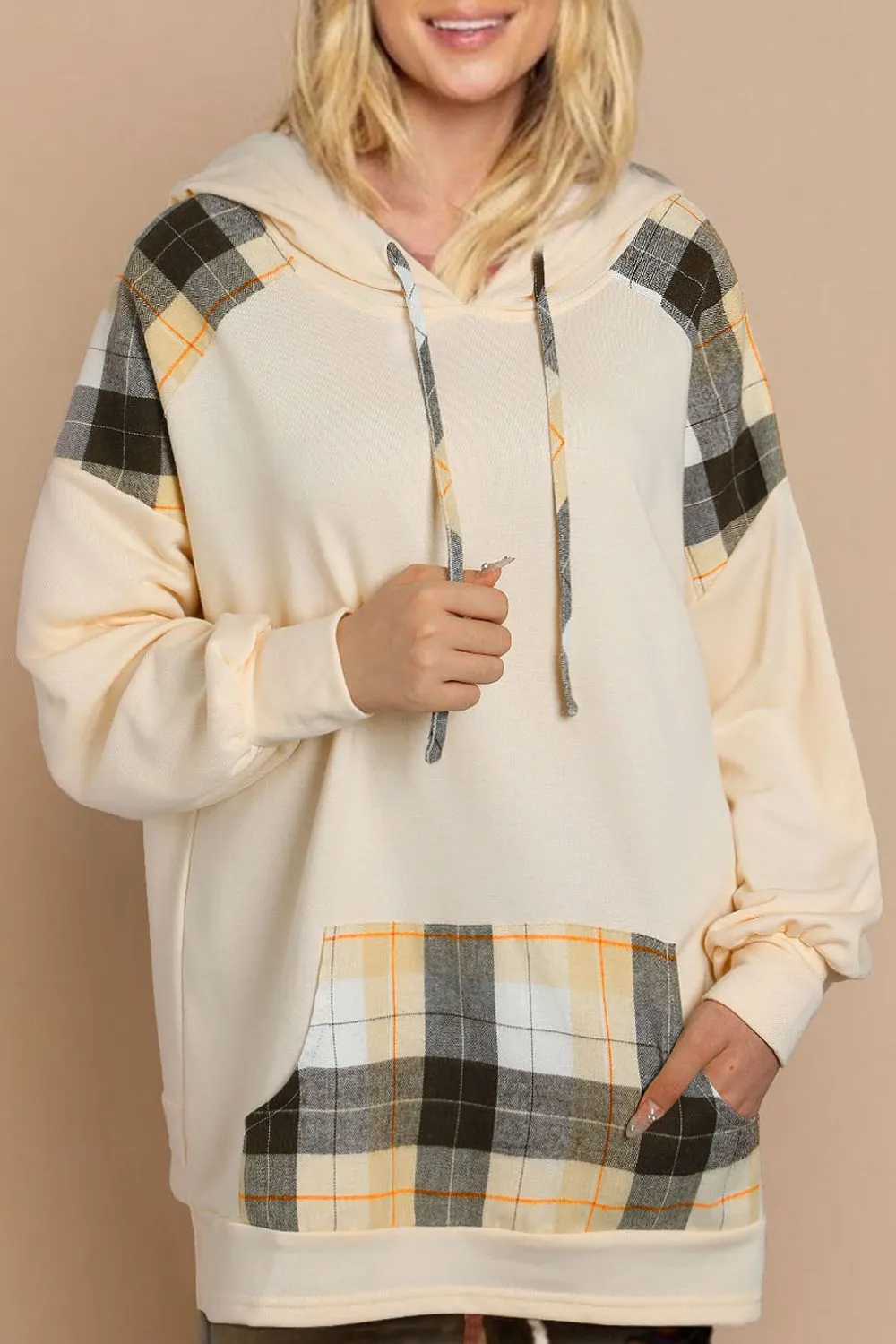 Maxct &Drawstring Plaid Long Sleeve Hoodie