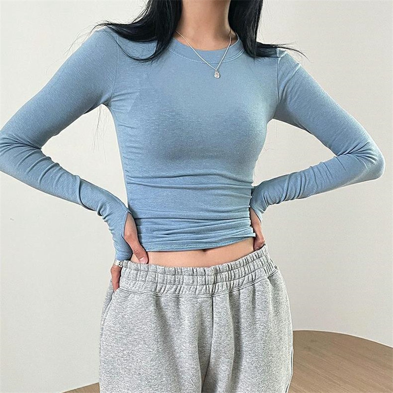 Chic Fashion Elegant Slim Fit Crop Tops Women Clothes Casual Solid Color Basic Tees Autumn Spring O Neck Long Sleeve T-shirt