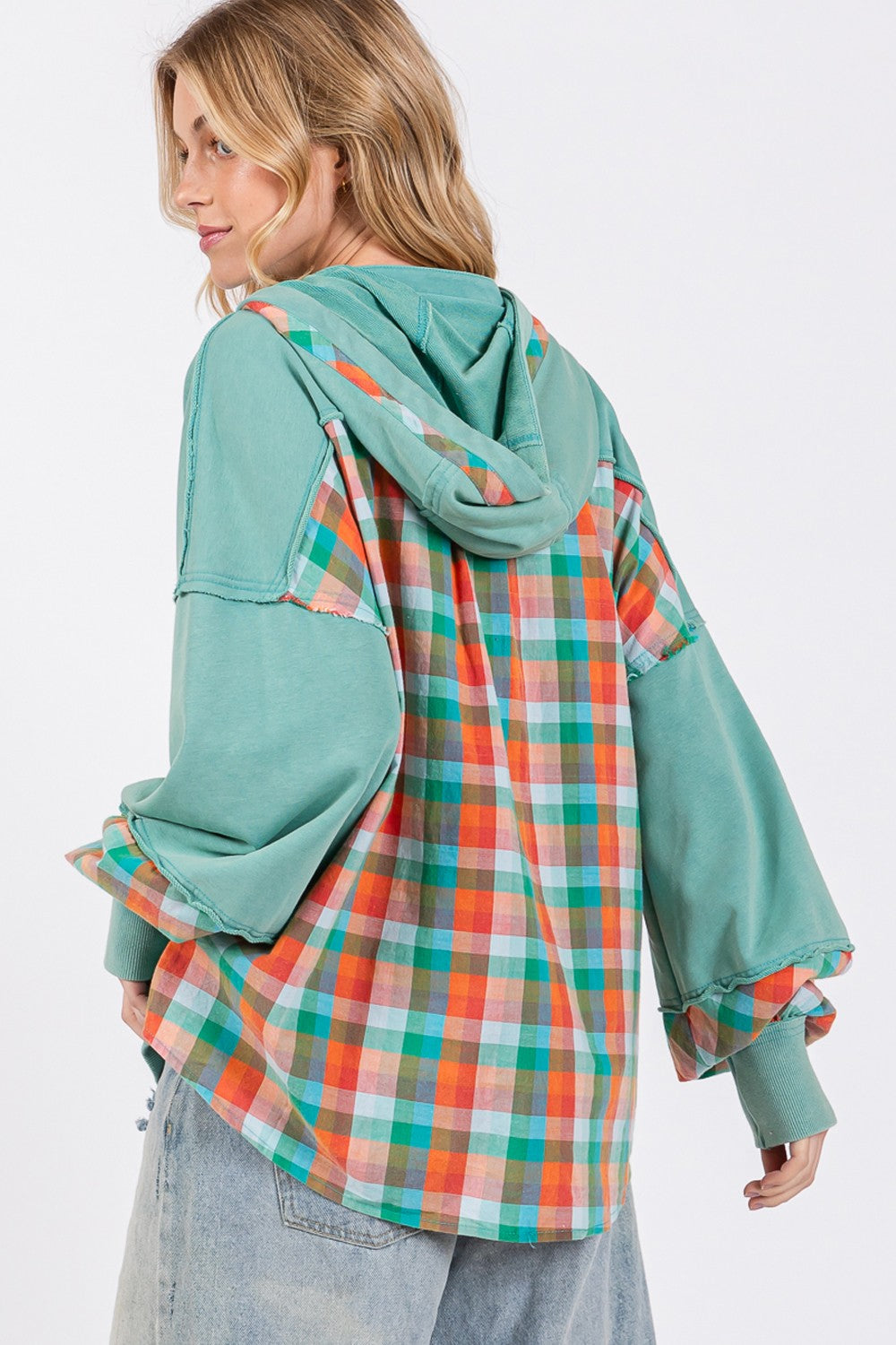 Maxct &SAGE + FIG Full Size Plaid Print Washed Hoodie