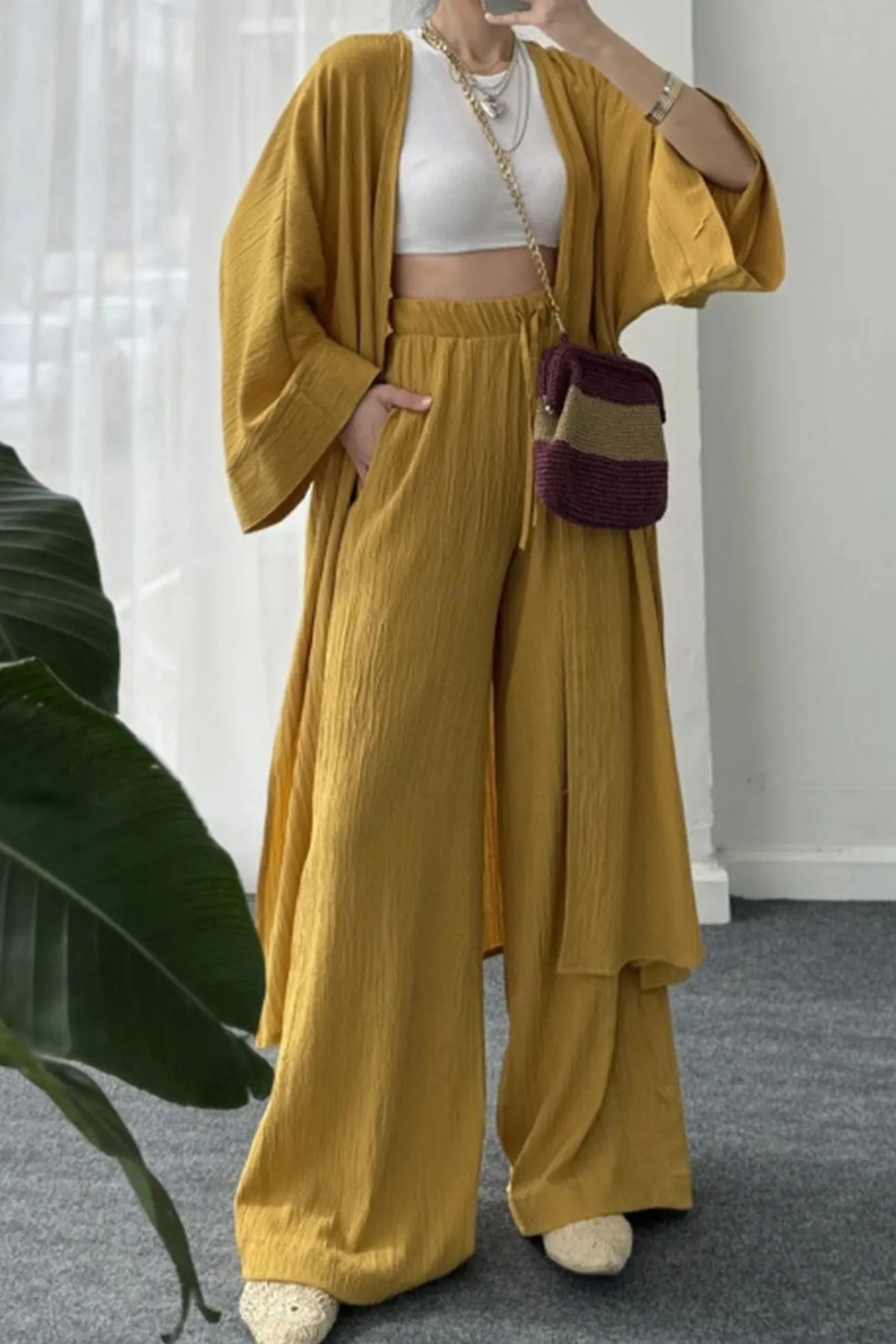 OLCooL Wrinkled Texture Open Front Cardigan Suits