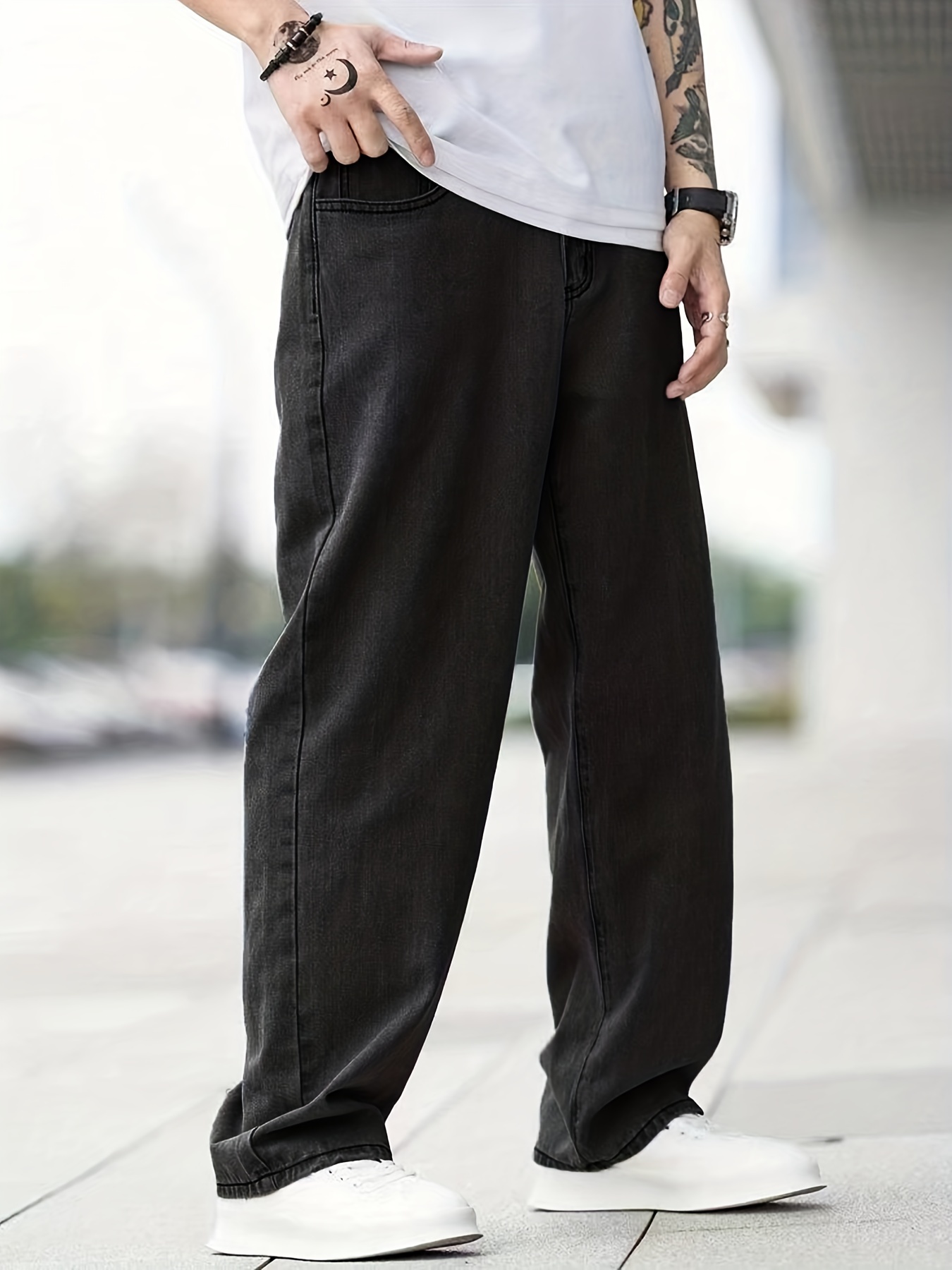 Classic Design Wide Leg Jeans, Men's Casual Street Style Solid Color Denim Pants For Spring Summer
