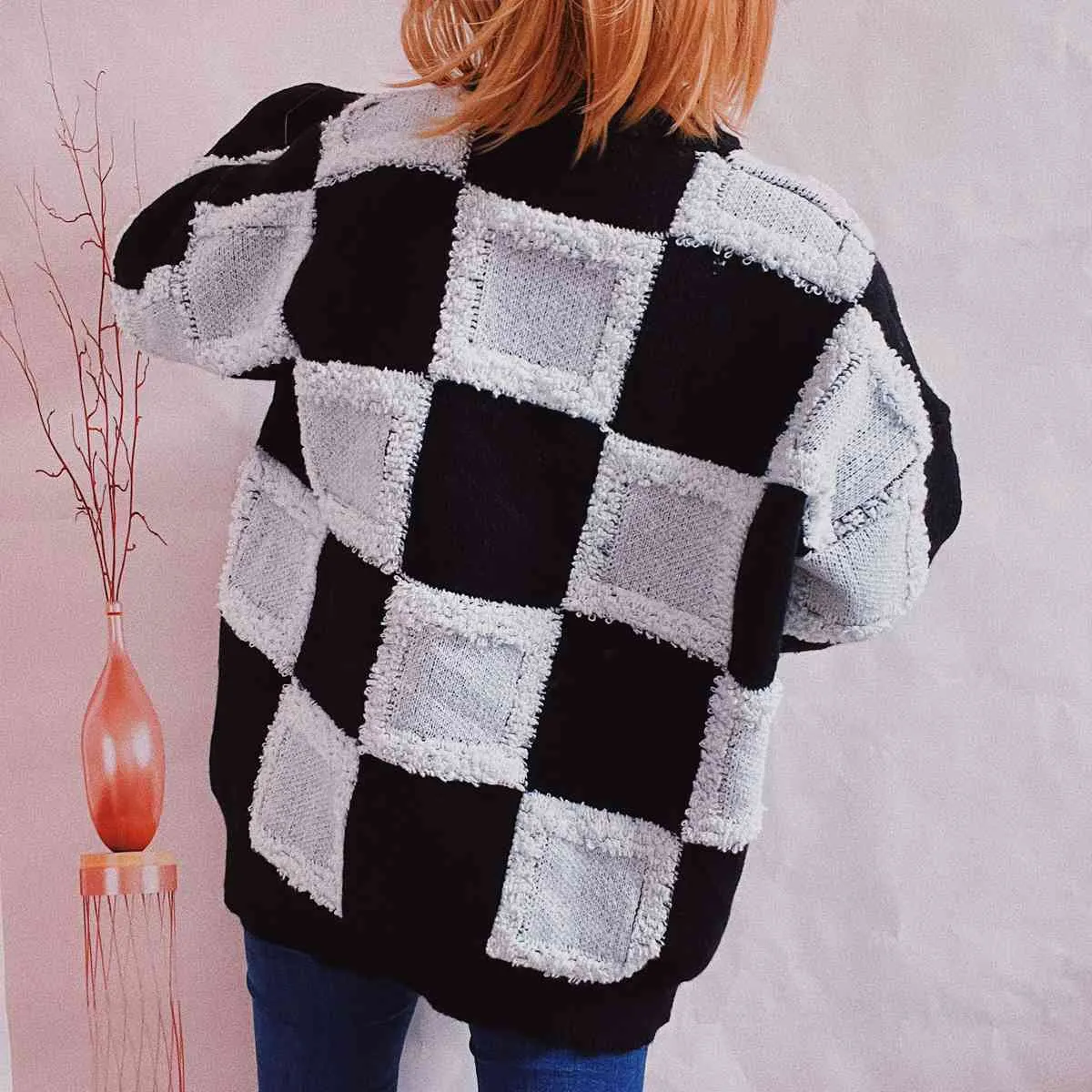 Maxct &Checkered Round Neck Long Sleeve Sweater