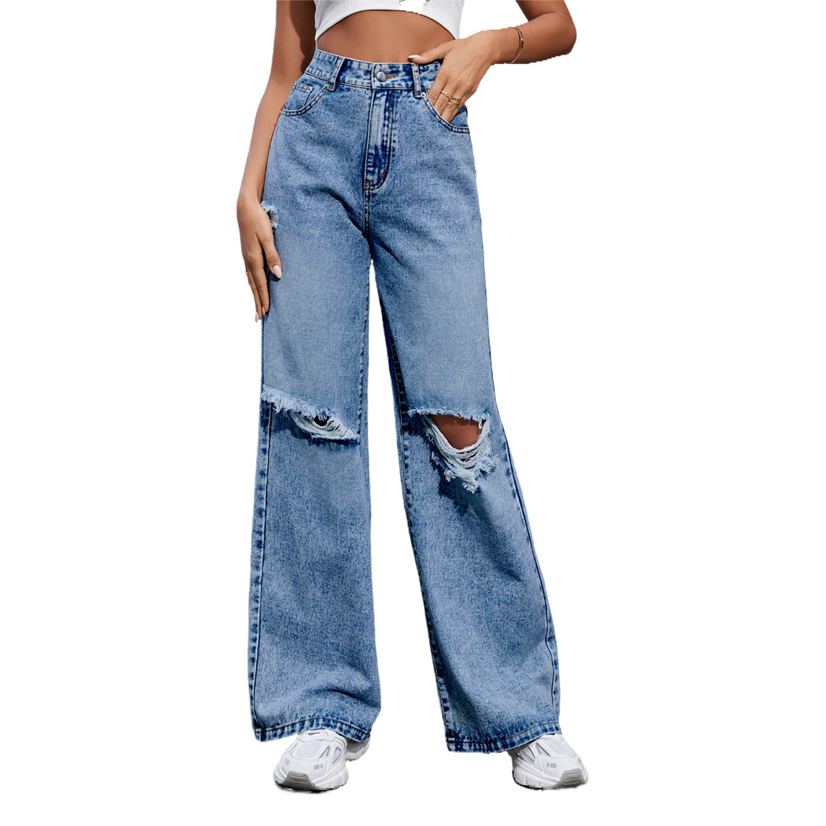 Maxct outfit inspo Women's Ins Fashion Ripped High Waist Wide Leg Pants Casual Denim Pants Fashion