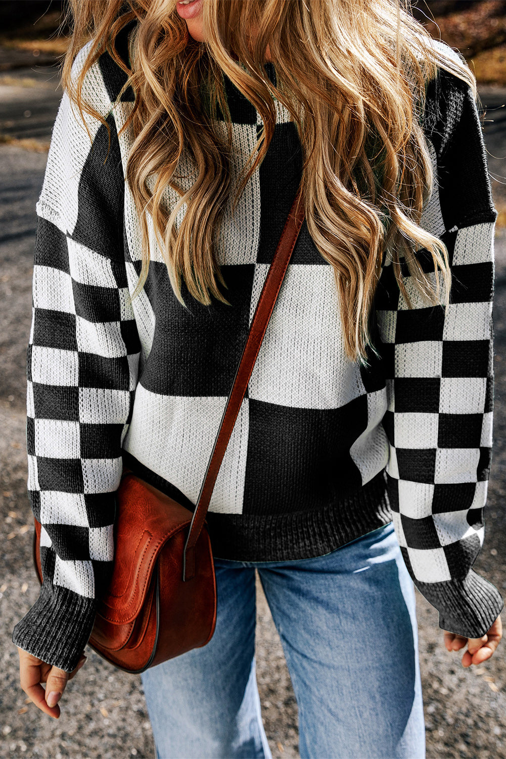 Maxct &Checkered Round Neck Drop Shoulder Sweater