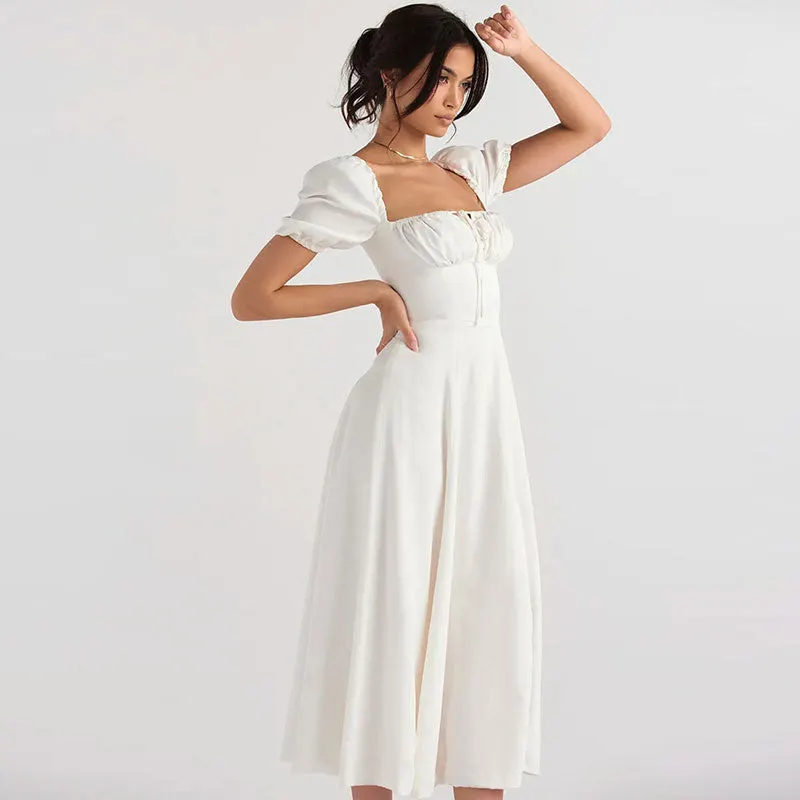 Puff Sleeve Tie Front High Split Off Shoulder Midi Sundress - White Maxct