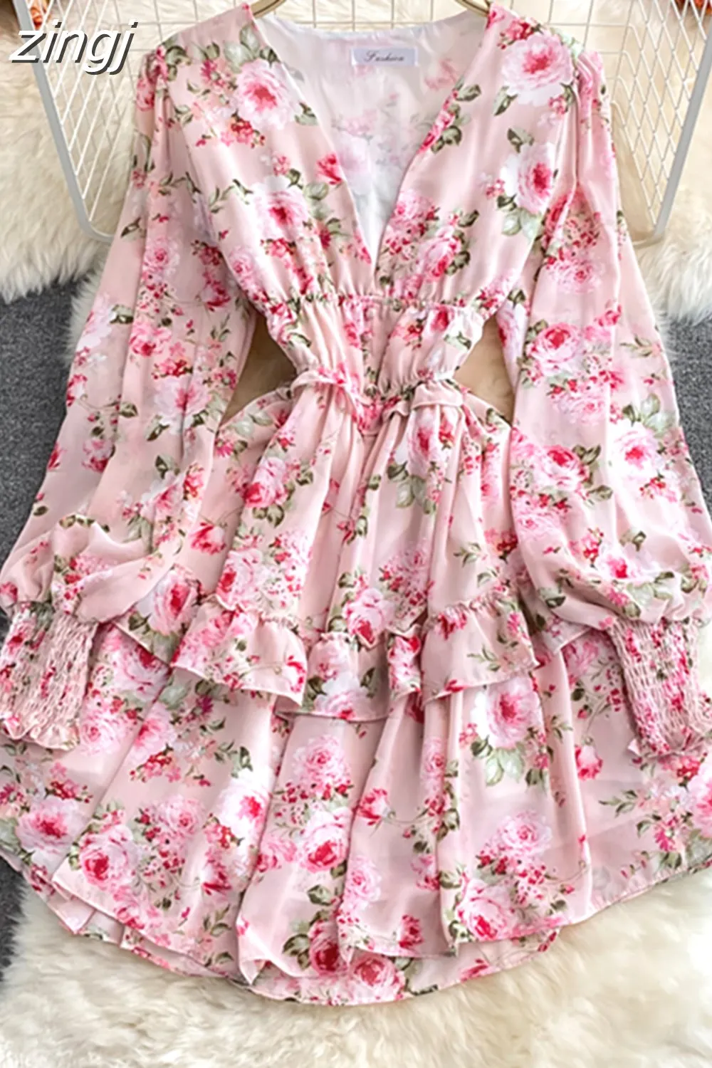 Maxct Women Green/Purple/Beige Floral Chiffon Dress Bohemian V-Neck Lantern Long Sleeve High Waist Ruffle Vestidos Female New