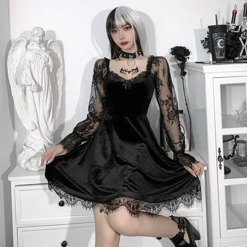 Maxct cybergoth dress to impress Hy21249 Dark Style Autumn New Hip Hop Lace Fashion Chest Speaker Long Sleeve Dress