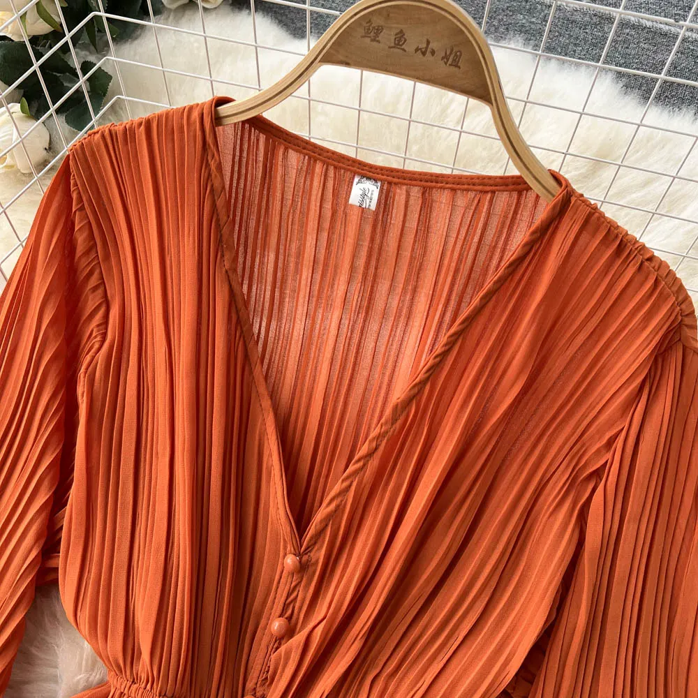 Chiffon Pleated Long Dress Women Vintage V-Neck Flare Sleeve Draped Ruffle Vestido Female Maxi Robe Spring Fall 1215-1