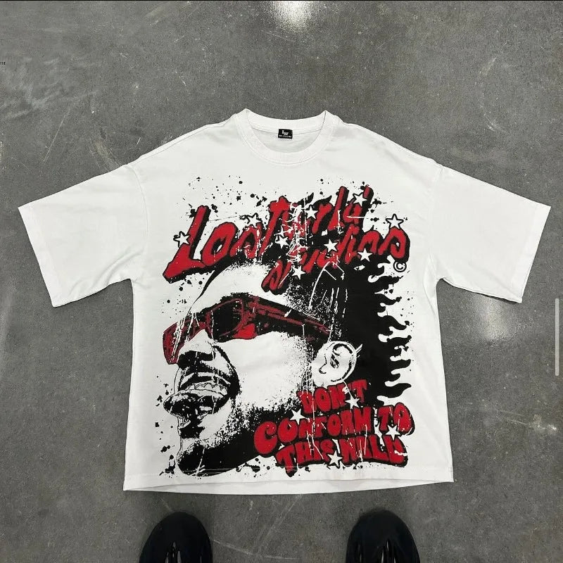 Maxct Y2K Streetwear Retro Gothic Graphic Letter Print Oversized T-Shirt Men's Fashion Harajuku Loose Versatile Short Sleeve Top