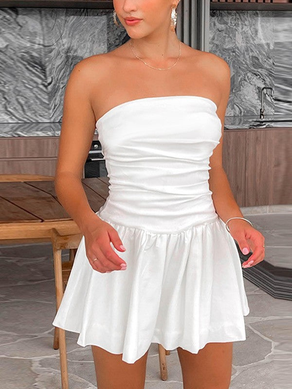 Smocked Back Ruched Bandeau Mini Dress Maxct