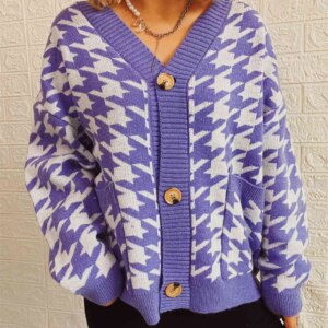 Houndstooth Botton Front Cardigan with Pockets