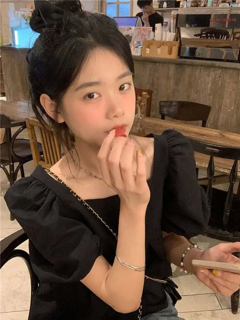 Maxct Blouses Women Square Collar Sweet Loose French Style Puff Sleeve Chic Ruffles Simple Ulzzang Solid Fashion Temper Student Summer