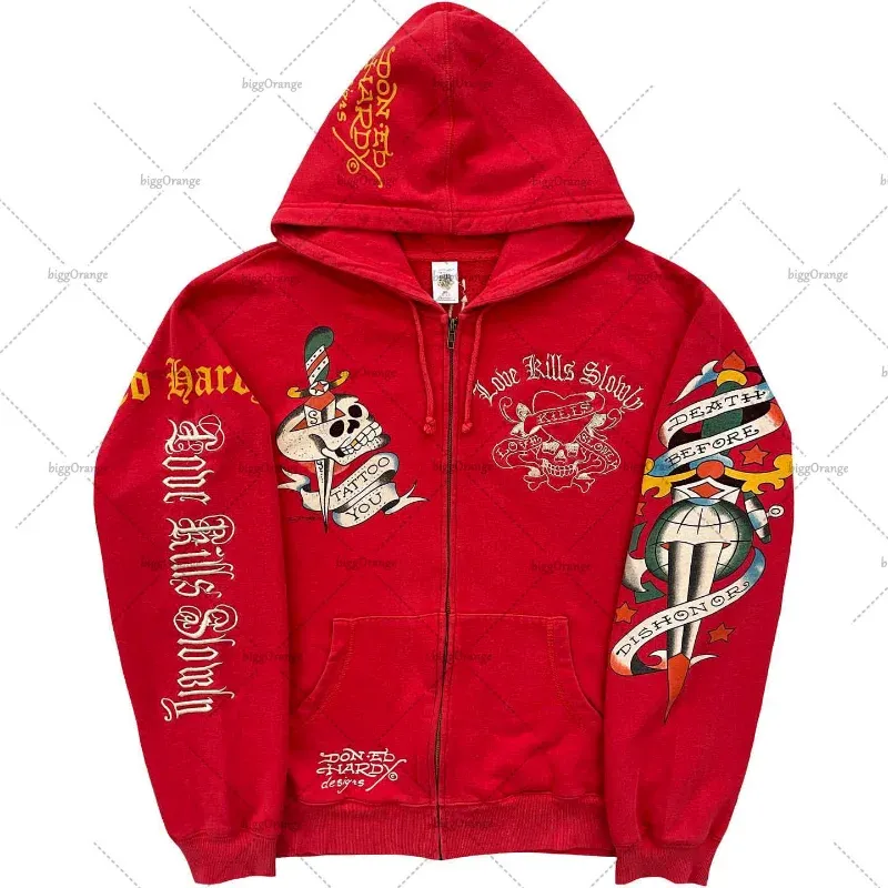 Maxct Y2K American Harajuku Retro Printed Zipper Hoodie Men New Street Pop Hip-Hop Sweatshirt Gothic Loose Punk Top Clothing Tide