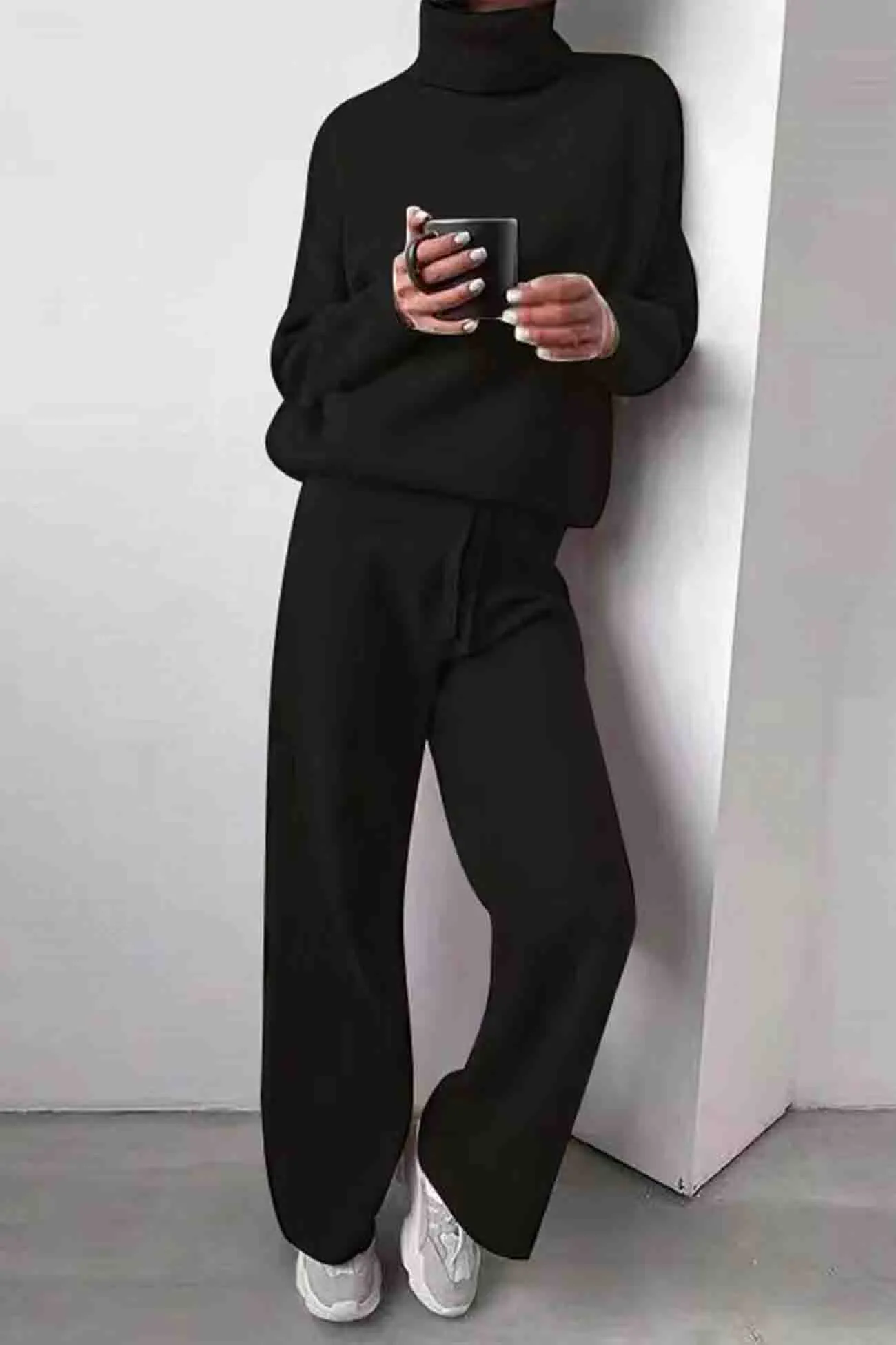 Maxct Solid Turtleneck Long Sleeve Long Pant Knitted Set