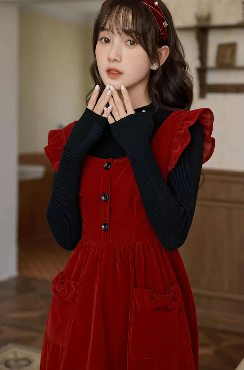 Velvet Frilly Bow Pinafore Dress Maxct