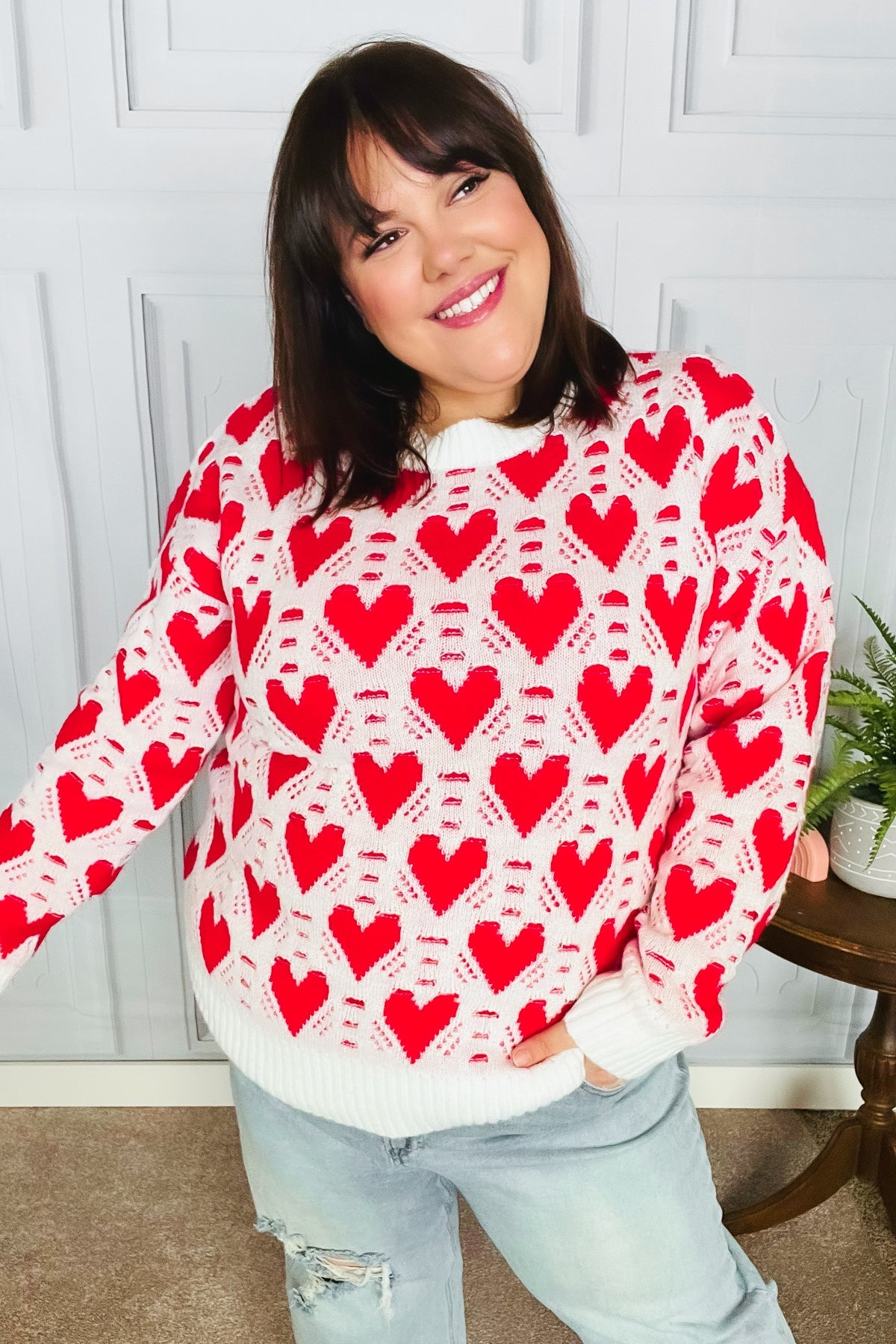Maxct &True Hearts Ivory & Red Heart Oversized Sweater