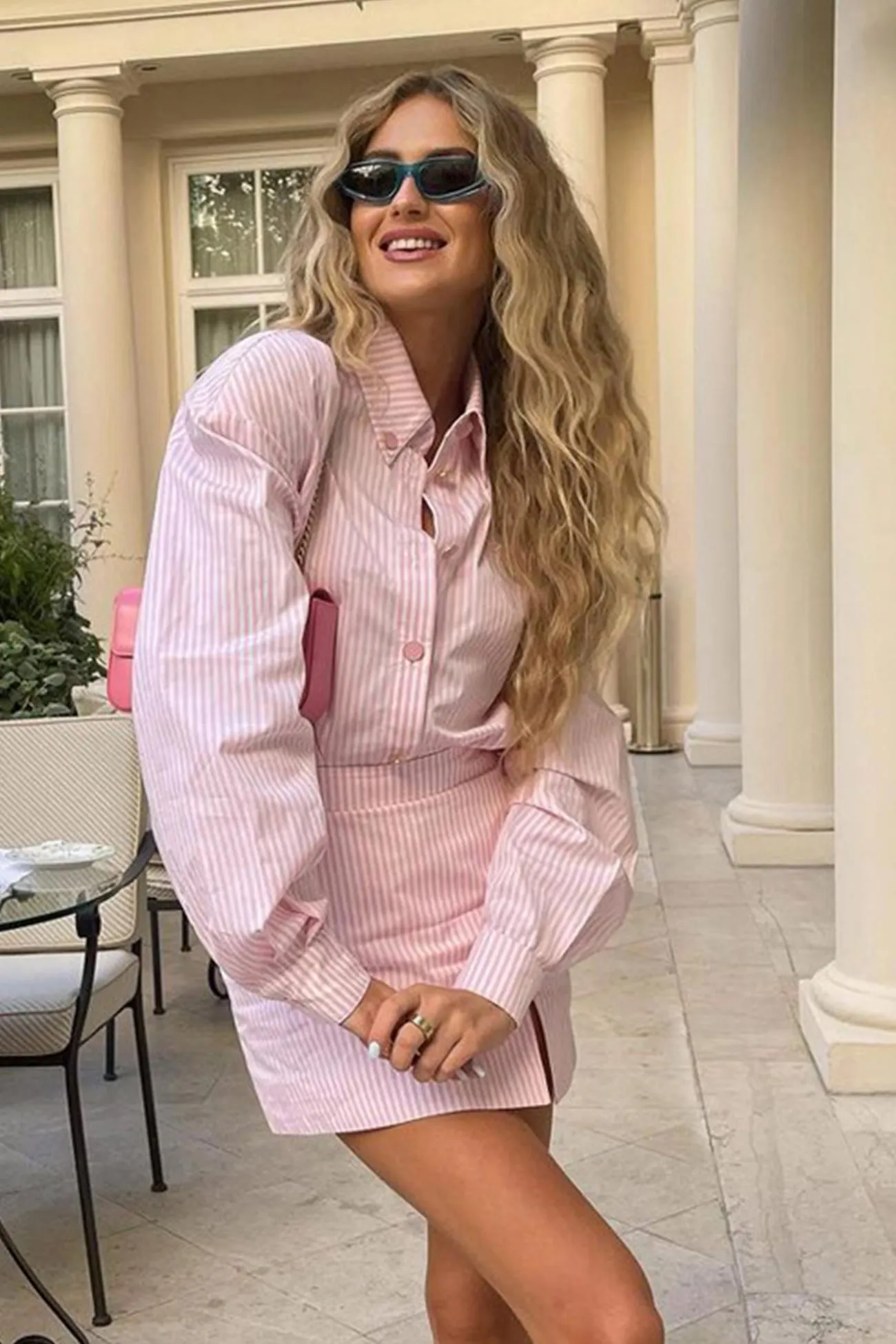 Maxct Pink Striped Print Shirt Mini Skirt Suits
