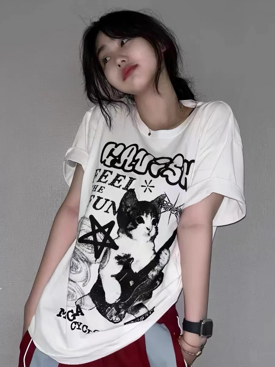 Maxct men’s fashion Niche Guitar Kitten Loose Short Sleeve T-shirt for Women - Image 7
