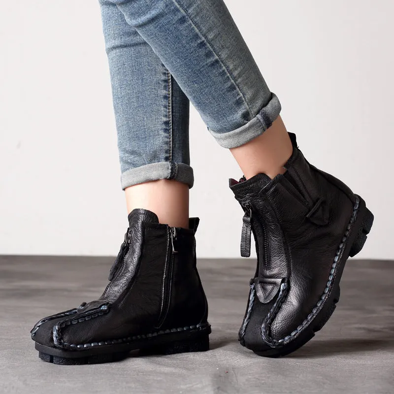 Maxct Trendy Ethnic Retro Handmade Leather Zipper Short Boots
