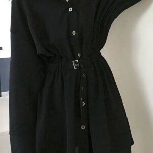 Long Sleeve Turn Down Collar Button Black Dress Maxct