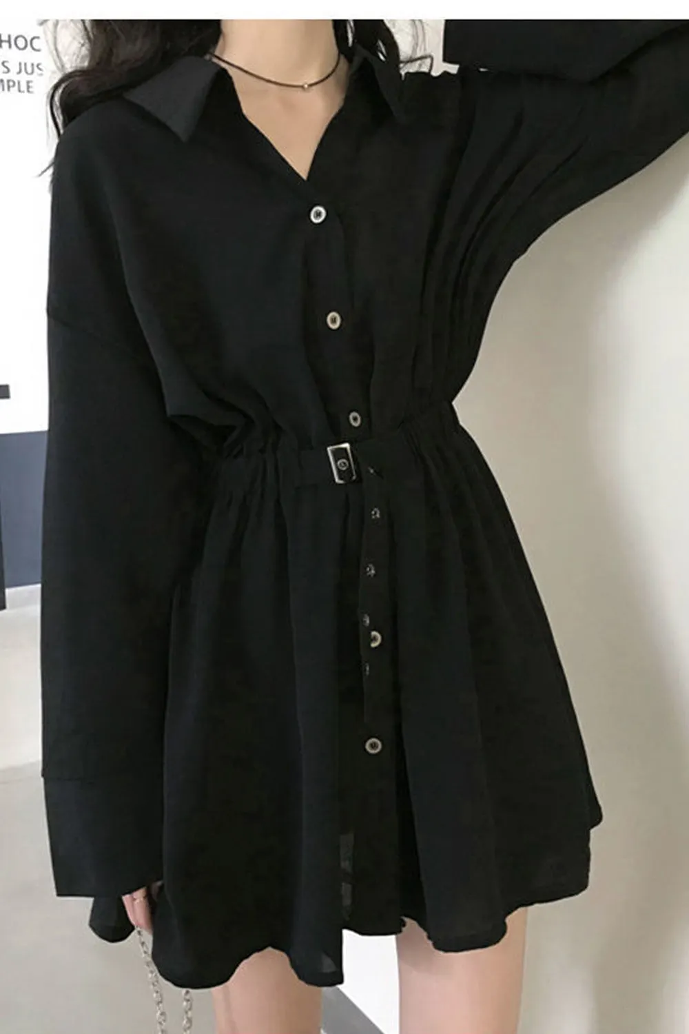 Long Sleeve Turn Down Collar Button Black Dress Maxct
