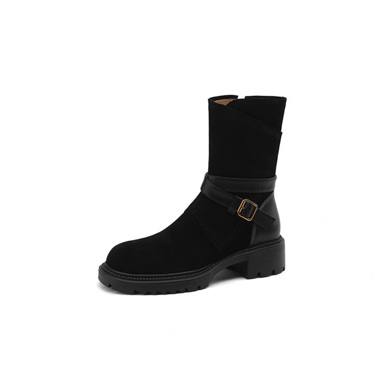 Womens Suede Mid Calf Boots for Winter Buckles Boots Maxct