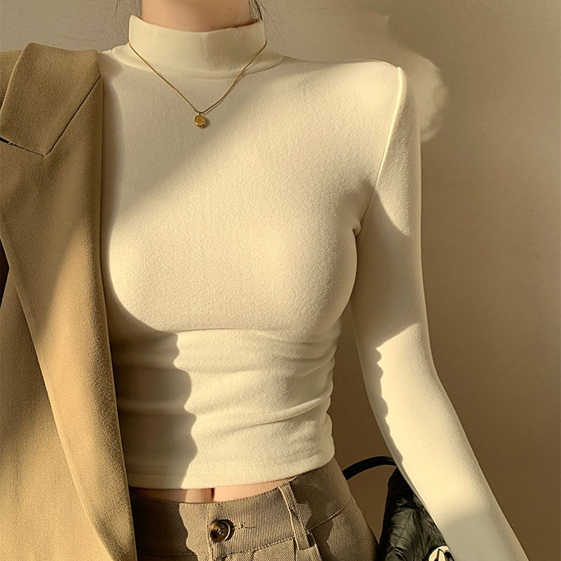 Maxct Double Sided Fleece Turtleneck Base Shirt Women Casual Slim Solid Long Sleeve Knitted Pullovers Lady Autumn Chic Thick Warm Tops
