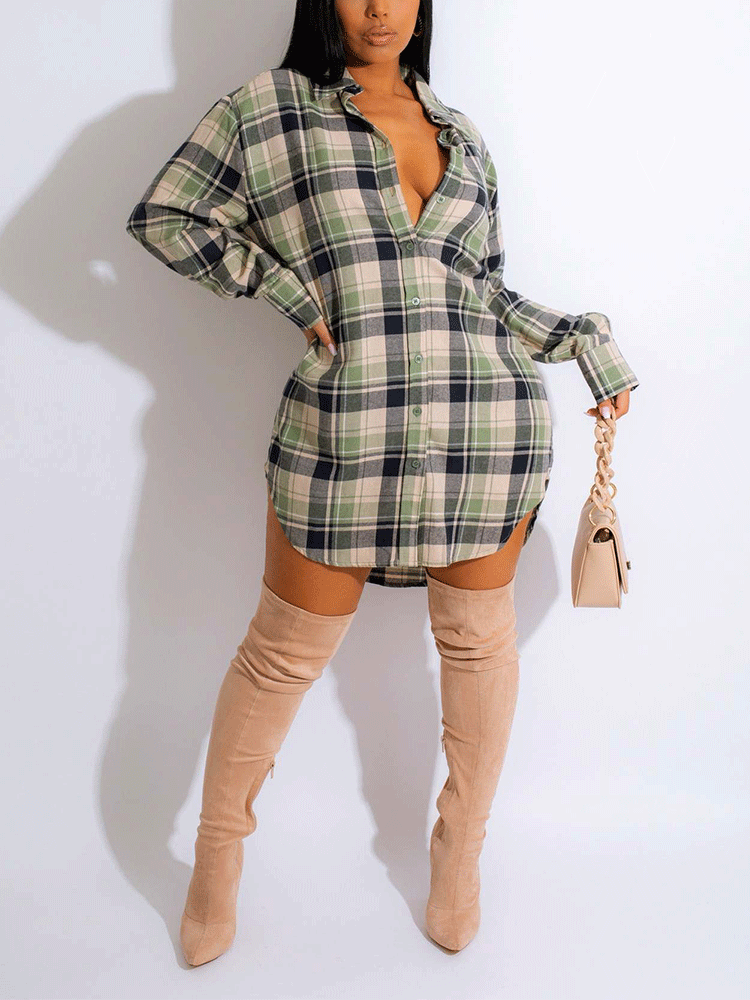 Long Sleeve Plaid Buckle Shirt Dress Maxct